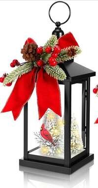 Tuanse 12.4" Lighted Christmas Lantern with Snowy Trees and Cardinal, Battery Op